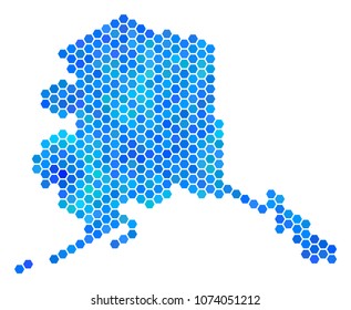 Blue Hexagon Alaska Map. Vector geographic map in blue color tints on a white background. Blue vector mosaic of Alaska Map created of hexagonal dots.