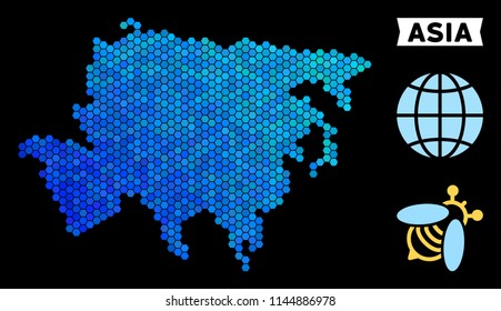 Blue Hexagon Asia map. Geographic map in blue color shades on a black background. Vector composition of Asia map constructed of hexagon pixels.