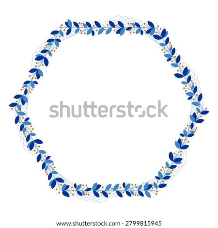 Blue Hexagon Border Frame With Leaves And Yellow Orange Berry