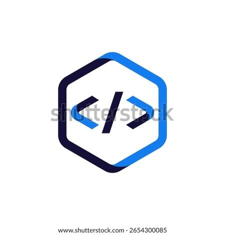 A blue hexagon with a dark blue outline, containing code brackets, symbolizing programming, tech, and digital solutions
