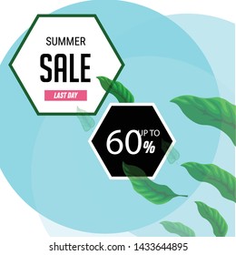 Blue hexagon elements with 60% discount green leaves. Sale banner template design. Big sale special offer. Green leaves. Special offer banner for poster, flyer, brochure, sticker. Vector illustration.