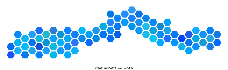 Blue Hexagon The Gambia Map. Vector geographic map in blue color tones on a white background. Blue vector concept of The Gambia Map organized of hexagonal pixels.