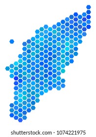 Blue Hexagon Greek Rhodes Island Map. Vector geographic map in cold color shades on a white background. Blue vector composition of Greek Rhodes Island Map made of hexagon dots.