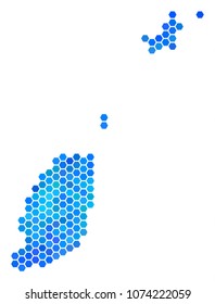 Blue Hexagon Grenada Map. Vector geographic map in cold color shades on a white background. Blue vector mosaic of Grenada Map composed of hexagon pixels.
