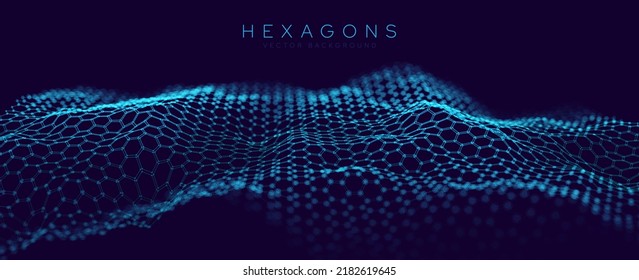 Blue Hexagon Grid In Perspective. Colorful Abstract Technology Background. Molecular Network of Hexagons Connected. Chemical Network. Carbon Nanomaterials Nanotechnology Concept. Vector Illustration.