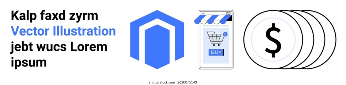 Blue hexagon icon, storefront icon with shopping cart, and dollar symbols. Ideal for e-commerce, financial services, online stores, payment gateways, marketing, business presentations, website