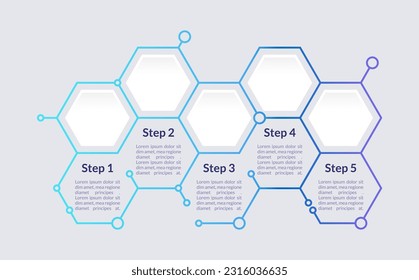 Blue hexagon infographic chart design template. Info for medicine. Abstract vector infochart with blank copy spaces. Instructional graphics with 5 step sequence. Visual data presentation