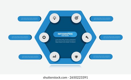 Blue hexagon infographic template for 6 headings of text or information and the center for the main heading text, vector 3d illustration isolated on white background for create and design