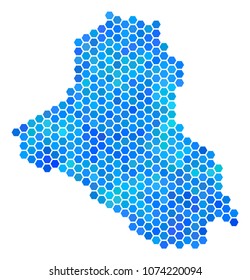 Blue Hexagon Iraq Map. Vector geographic map in blue color variations on a white background. Blue vector concept of Iraq Map done of hexagonal spots.