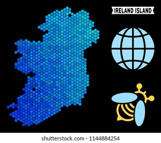 Blue Hexagon Ireland Island map. Geographic map in blue color variations on a black background. Vector pattern of Ireland Island map done of hexagon spots.
