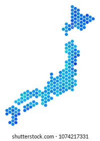 Blue Hexagon Japan Map. Vector geographic map in blue color tints on a white background. Blue vector mosaic of Japan Map composed of hexagon dots.