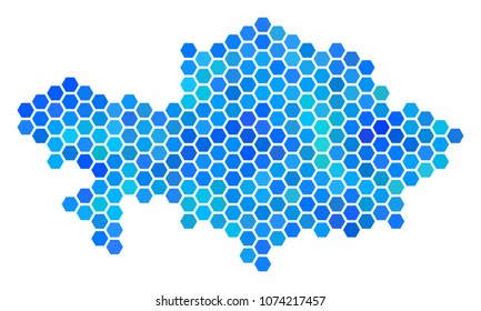 Blue Hexagon Kazakhstan Map. Vector geographic map in cold color shades on a white background. Blue vector composition of Kazakhstan Map constructed of hexagon pixels.