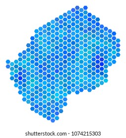 Blue Hexagon Lesotho Map. Vector geographic map in blue color tinges on a white background. Blue vector concept of Lesotho Map combined of hexagon blots.