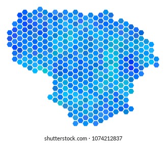 Blue Hexagon Lithuania Map. Vector geographic map in cold color hues on a white background. Blue vector mosaic of Lithuania Map designed of hexagonal dots.
