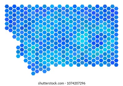 Blue Hexagon Montana State Map. Vector geographic map in blue color tinges on a white background. Blue vector concept of Montana State Map created of hexagonal spots.