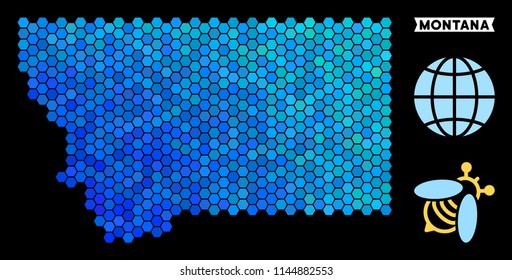 Blue Hexagon Montana State map. Geographic map in blue color tints on a black background. Vector composition of Montana State map constructed of hexagon elements.