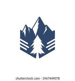 Blue hexagon mountain badge design logo vector