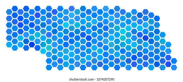 Blue Hexagon Nebraska State Map. Vector geographic map in blue color shades on a white background. Blue vector collage of Nebraska State Map designed of hexagonal blots.