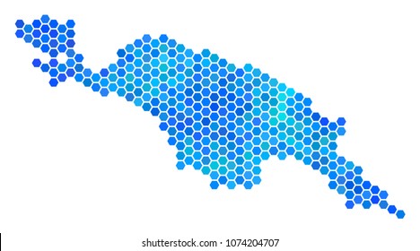 Blue Hexagon New Guinea Island Map. Vector geographic map in blue color shades on a white background. Blue vector pattern of New Guinea Island Map done of hexagon blots.