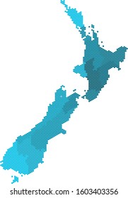 Blue hexagon New Zealand map on white background. 