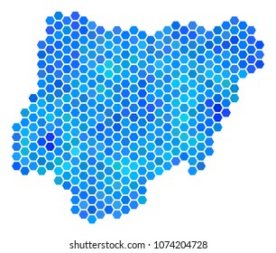 Blue Hexagon Nigeria Map. Vector geographic map in blue color tints on a white background. Blue vector mosaic of Nigeria Map created of hexagon items.