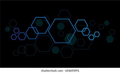 Blue hexagon on black background. Honeycomb vector illustration.