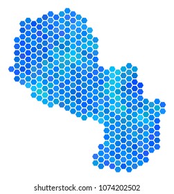 Blue Hexagon Paraguay Map. Vector geographic map in blue color tones on a white background. Blue vector pattern of Paraguay Map designed of hexagonal dots.