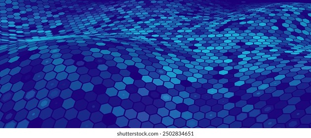 Blue Hexagon Pattern. Abstract Medical Chemical Tech Background. Hexagonal Pattern for Hi-Tech Science Design. Cyber Hexagon 3D Grid Sci-Fi Game Backdrop. Vector Illustration.