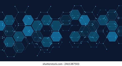 Blue hexagon pattern. Medical technology design. Neon dots connected by lines.