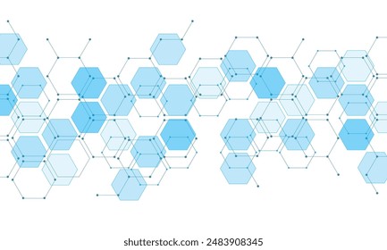 Blue hexagon pattern. Medical technology design. Neon dots connected by lines.