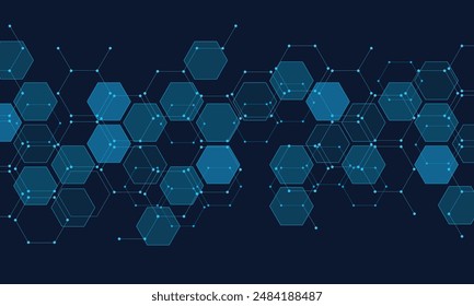 Blaues Sechseckmuster. Medizintechnisches Design. Neonpunkte, die durch Linien verbunden sind.