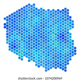Blue Hexagon Poland Map. Vector geographic map in blue color hues on a white background. Blue vector collage of Poland Map done of hexagonal elements.