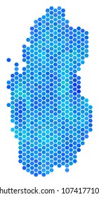 Blue Hexagon Qatar Map. Vector geographic map in cold color variations on a white background. Blue vector pattern of Qatar Map created of hexagon spots.