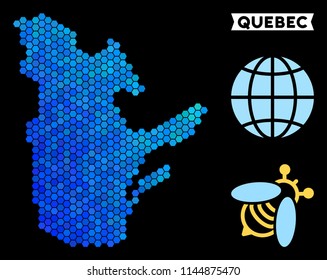 Blue Hexagon Quebec Province map. Geographic map in blue color tones on a black background. Vector pattern of Quebec Province map organized of hexagon pixels.