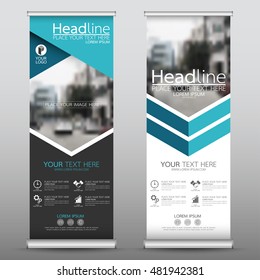 Blue hexagon roll up business banner design vertical template vector, cover presentation abstract geometric background, modern publication display and flag-banner, layout in rectangle
