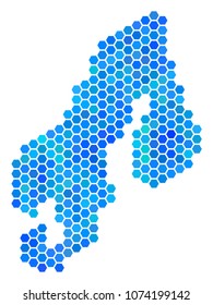 Blue Hexagon Scandinavia Map. Vector geographic map in blue color shades on a white background. Blue vector composition of Scandinavia Map designed of hexagonal elements.