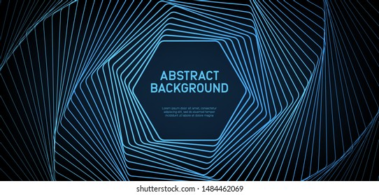 Blue hexagon shape abstract geometric background. Circular geometric centric motion pattern. Dark template with blend shapes. EPS10 Vector Illustration.