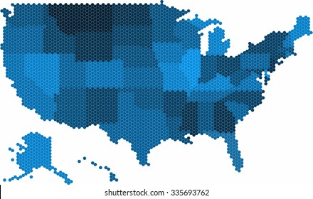 Blue hexagon shape USA map on white background, vector illustration.