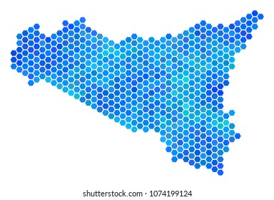 Blue Hexagon Sicilia Map. Vector geographic map in cold color tones on a white background. Blue vector concept of Sicilia Map created of hexagon dots.