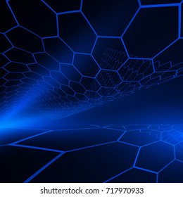 Blue  hexagon and space grid distortion. Blue abstract hexagonal background with distortion.