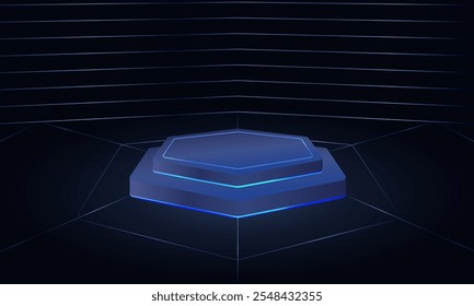 Escenario azul del hexágono, soporte digital lujoso del podio de la tecnología, Vector de fondo de la habitación del estudio