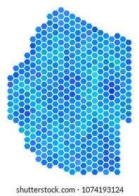 Blue Hexagon Swaziland Map. Vector geographic map in cold color tints on a white background. Blue vector pattern of Swaziland Map created of hexagonal dots.