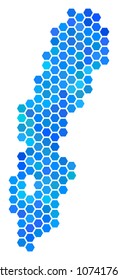Blue Hexagon Sweden Map. Vector geographic map in blue color variations on a white background. Blue vector collage of Sweden Map designed of hexagonal pixels.