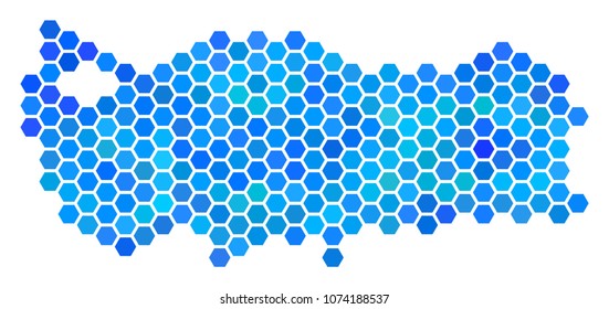 Blue Hexagon Turkey Map. Vector geographic map in cold color hues on a white background. Blue vector collage of Turkey Map made of hexagonal pixels.