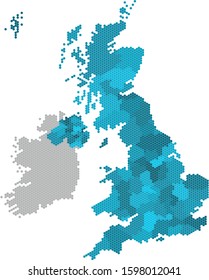 Blue hexagon United Kingdom map on white background. Vector illustration.