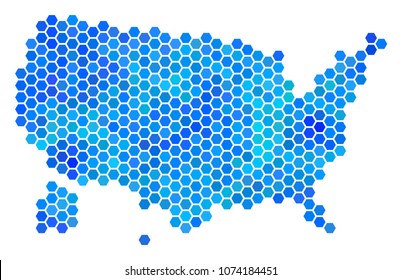 Blue Hexagon USA With Alaska Map. Vector geographic map in blue color shades on a white background. Blue vector collage of USA With Alaska Map composed of hexagonal elements.