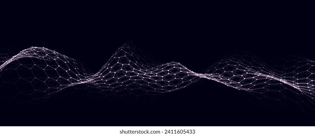 Blue hexagon wave of particles and lines. Big data visualization. Abstract background with a dynamic wave. Vector illustration.