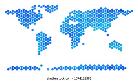 Blue Hexagon World Continent Map. Vector geographic map in cold color tones on a white background. Blue vector collage of World Continent Map organized of hexagonal blots.