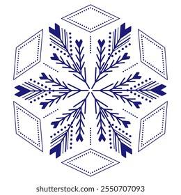 Blue hexagonal design element of floral geometric motif. Northern ethnic ornament. Blue ornate snowflake. Winter holiday vector ornamental decor. North forest inspired winter mandala decor for home