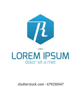 Blue hexagonal letter R logo template. letter R logo.